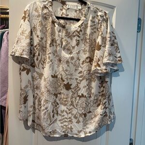 New York & Company Cream and Brown Blouse Relaxed V-Neck